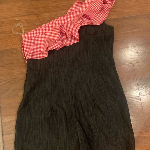 Womens One Piece Jean Romper With Red And White Gingham Ruffle size small - Picture 3 of 11